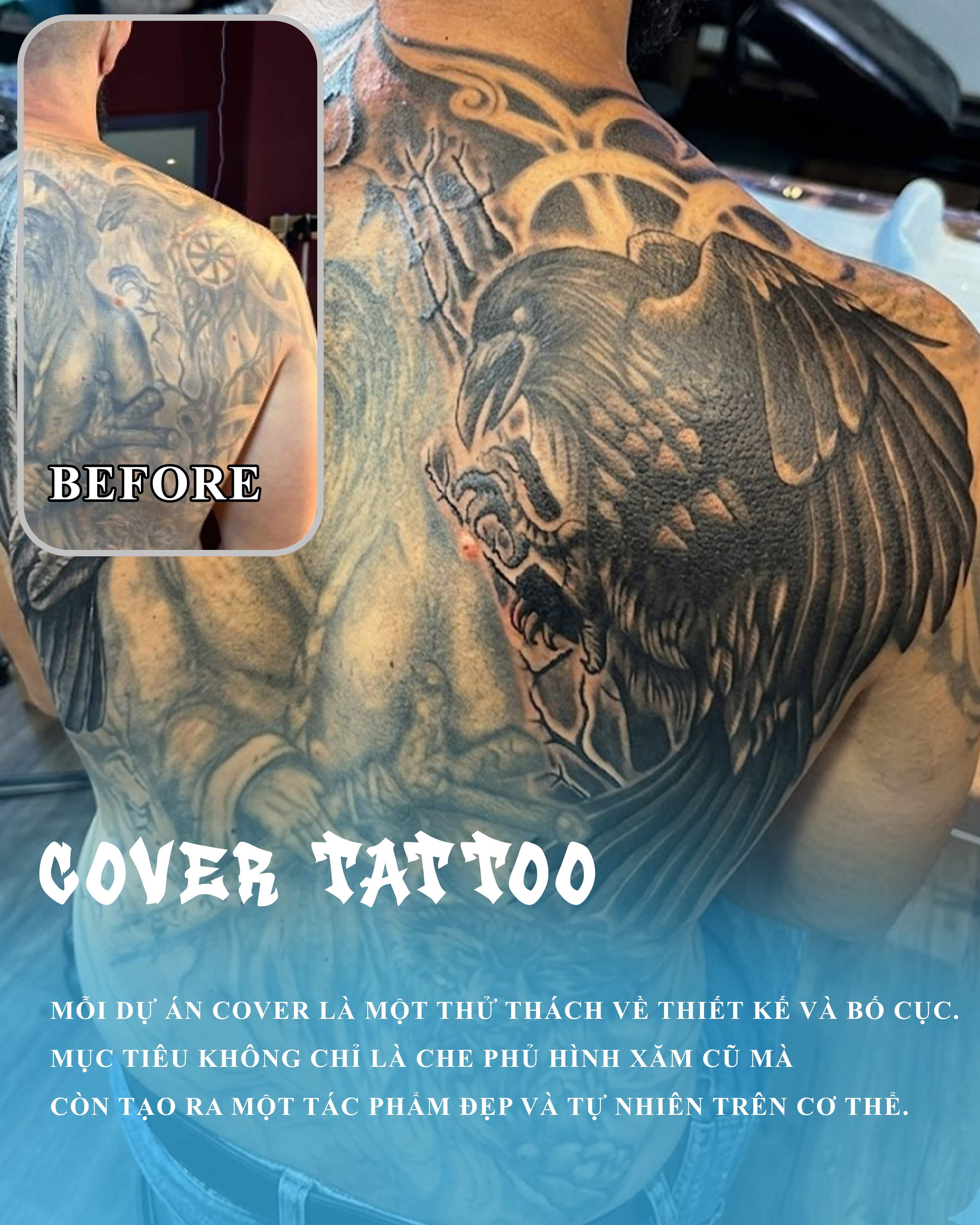 Cover hình xăm con quạ lớn che phủ hoàn hảo